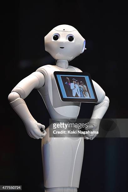 Pepper speaks and performs during the news conference on June 18, 2015 in Chiba, Japan. Softbank Corp. Announced that its humanoid product, Pepper,...