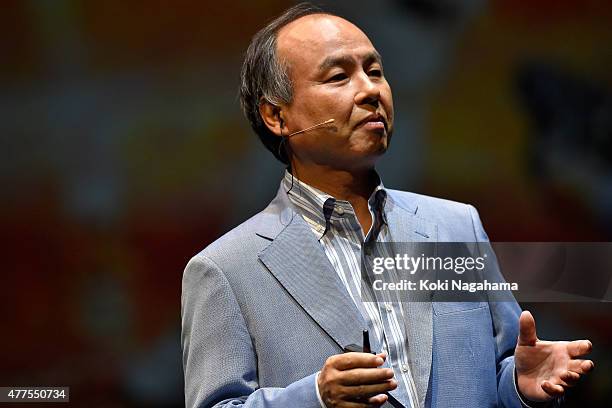 Masayoshi Son, Chairman and Chief executive officer of SoftBank Corp speaks during the news conference on June 18, 2015 in Chiba, Japan. Softbank...