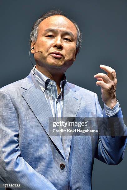 Masayoshi Son, Chairman and Chief executive officer of SoftBank Corp speaks during the news conference on June 18, 2015 in Chiba, Japan. Softbank...