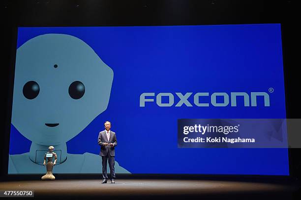 Terry Gou, CEO of Foxconn Technology group speaks during the news conference on June 18, 2015 in Chiba, Japan. Softbank Corp. Announced that its...