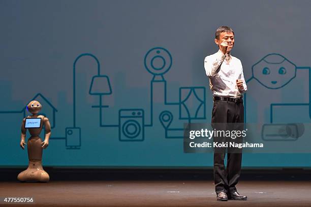 Jack Ma,CEO of the Alibaba Group speaks during the news conference on June 18, 2015 in Chiba, Japan. Softbank Corp. Announced that its humanoid...