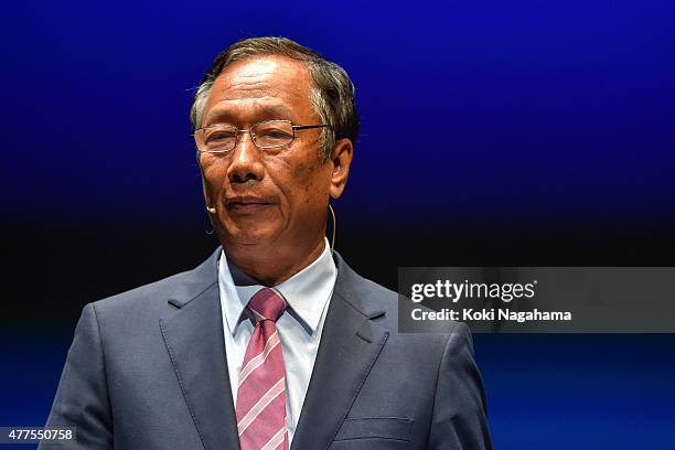 Terry Gou, CEO of Foxconn Technology group speaks during the news conference on June 18, 2015 in Chiba, Japan. Softbank Corp. Announced that its...
