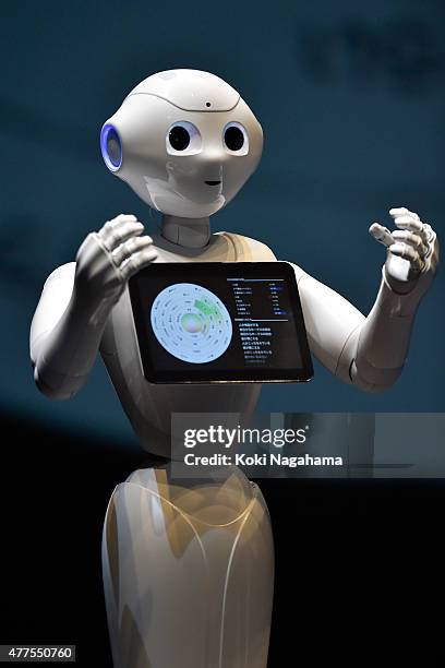 Pepper speaks and performs during the news conference on June 18, 2015 in Chiba, Japan. Softbank Corp. Announced that its humanoid product, Pepper,...