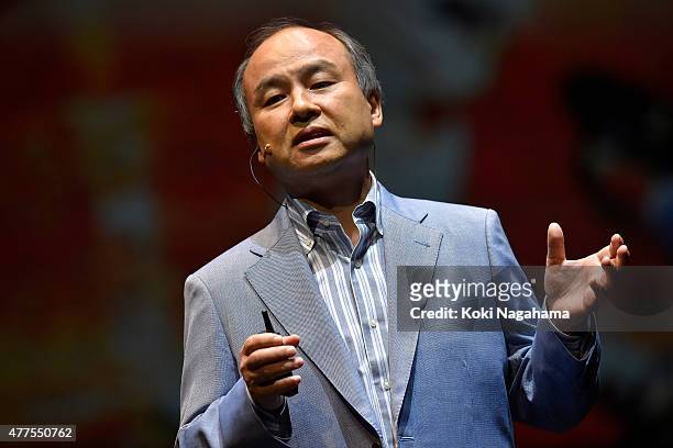 Masayoshi Son, Chairman and Chief executive officer of SoftBank Corp speaks during the news conference on June 18, 2015 in Chiba, Japan. Softbank...