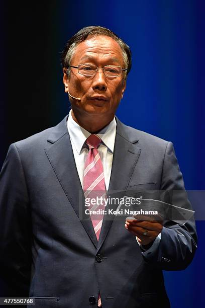 Terry Gou, CEO of Foxconn Technology group speaks during the news conference on June 18, 2015 in Chiba, Japan. Softbank Corp. Announced that its...