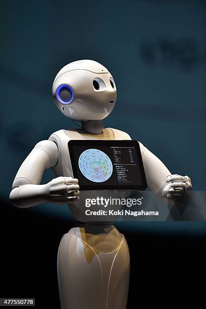 Pepper speaks and performs during the news conference on June 18, 2015 in Chiba, Japan. Softbank Corp. Announced that its humanoid product, Pepper,...