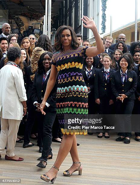 First Lady Michelle Obama arrives at the United States Pavilion at the Milan Expo 2015 on June 18, 2015 in Milan, Italy. After visiting London,...