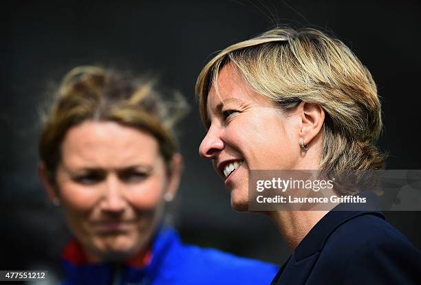 Clare Conor, ECB Director of Englands Women Cricket and Captain Charlotte Edwards speak to the media as they launch the first Womens Super League at...