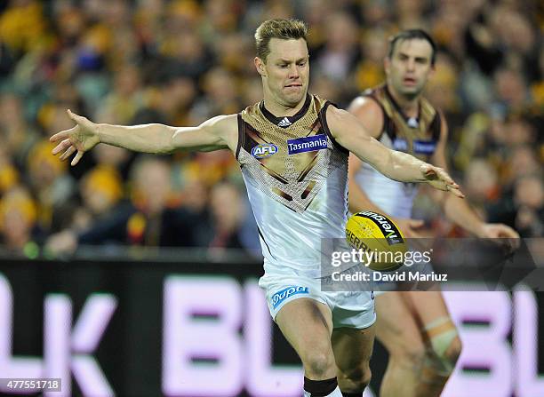 Sam Mitchell of the Hawks during the round 12 AFL match between the Adelaide Crows and the Hawthorn Hawks at Adelaide Oval on June 18, 2015 in...