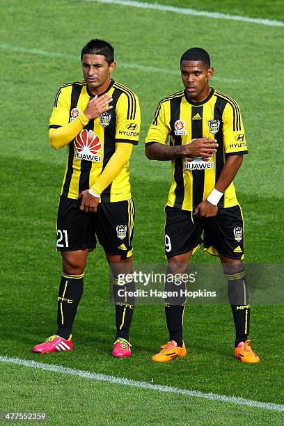 Carlos Hernandez and Kenny Cunningham of the Phoenix form a two-man wall during the round 22 A-League match between Wellington Phoenix and Perth...