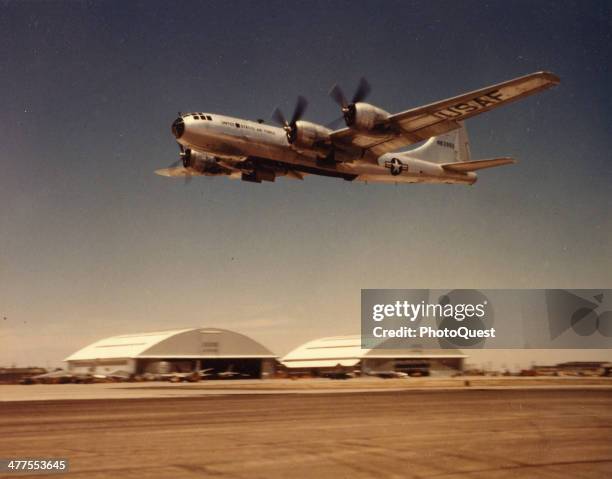 View of a Boeing B-29 as it takes off from Edwards Air Force Base, Lancaster, California, mid 1940s.