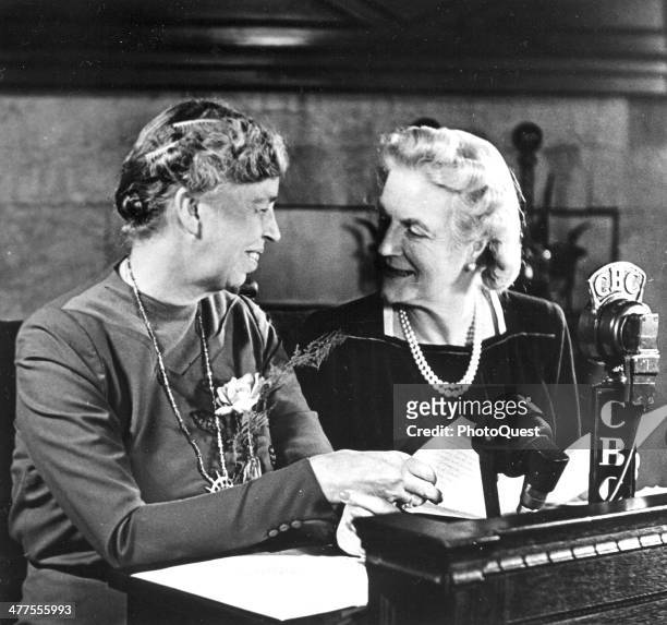 Eleanor Roosevelt and Clementine Churchill pose for photographers shortly before they addressed the Canadian people over the CBC network at the...