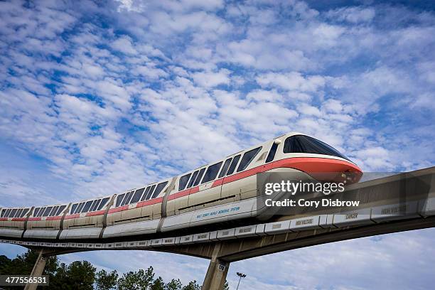 The Walt Disney World Monorail glides along the Epcot line, Epcot, Walt Disney World, Florida.