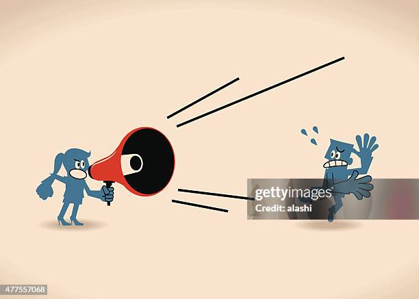 business woman yelling at (shouting on)  man with megaphone - partner violence stock illustrations