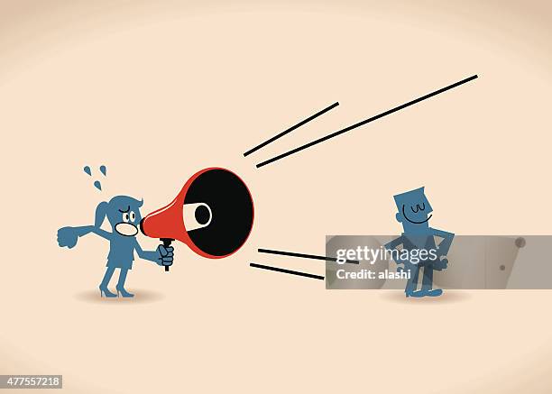 business woman yelling at (shouting on)  man with megaphone - working mother stock illustrations