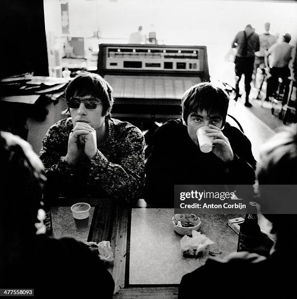 Musician Liam and Noel Gallagher, members of music band Oasis are photographed for Details Magazine on October 10, 1995 in Long Island City, New York.