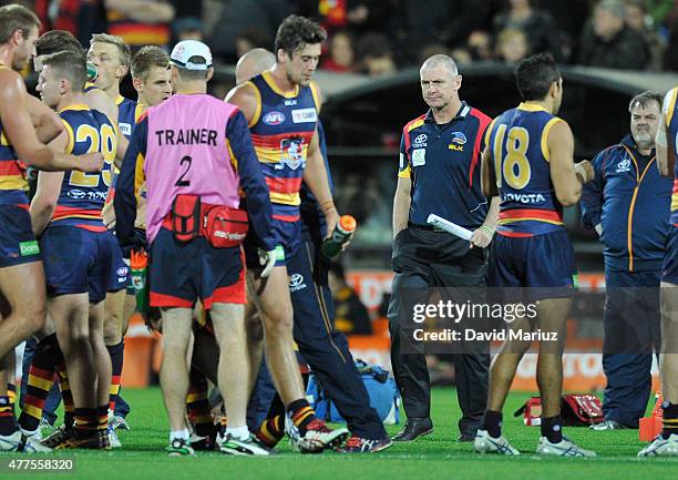 Adelaide coach Phil Walsh during the round 12 AFL match between the Adelaide Crows and the Hawthorn Hawks at Adelaide Oval on June 18, 2015 in...