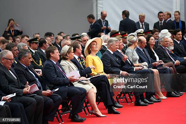 Queen Mathilde of Belgium looks up during the Belgian federal government ceremony to commemorate the bicentenary of the Battle of Waterloo on June...