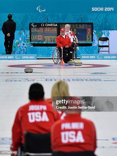 Patrick McDonald of the USA in action during the wheelchair curling round robin session 5 match between United States of America and Canada at the...