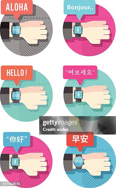 bundle of smart watch in different language. - japanese greeting stock illustrations