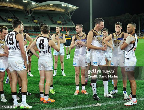 Hawthorn players after victory in the round 12 AFL match between the Adelaide Crows and the Hawthorn Hawks at Adelaide Oval on June 18, 2015 in...