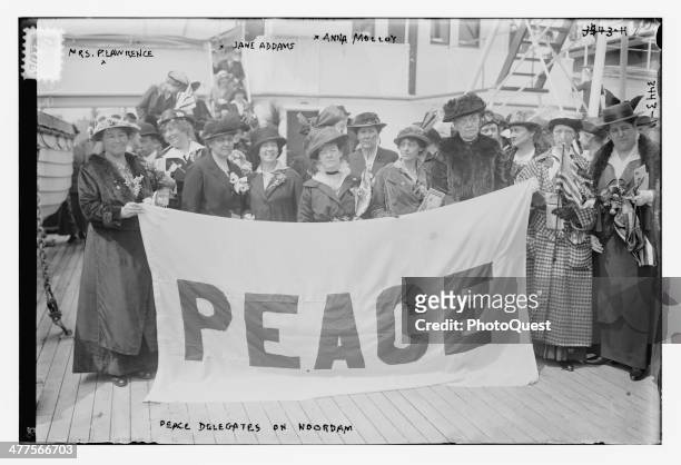 Portrait of American delegates to the International Congress of Women aboard the Noordam 1915. Among the delegates are feminist and peace activist...