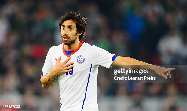 Jorge Valdivia of Chile reacts during the international friendly match between Germany and Chile at Mercedes-Benz Arena on March 5, 2014 in...