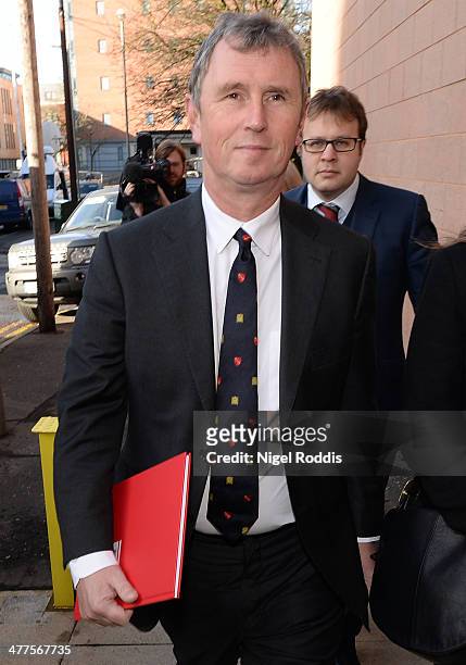 Nigel Evans MP for Ribble Valley arrives at Preston Crown Court for the first day of his trial for sexual offences on March 10, 2014 in Preston,...
