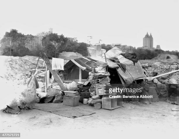 Shack in Hooverville, Central Park, New York City, New York, circa 1930.