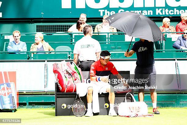 Kei Nishikori of Japan in his match against Dustin Brown of Germany during day four of the Gerry Weber Open at Gerry Weber Stadium on June 18, 2015...