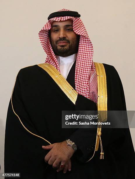 Prince Mohammed bin Salman, Saudi Arabia's defence minister attends a meeting with Russian President Vladimir Putin during a meeting in the...