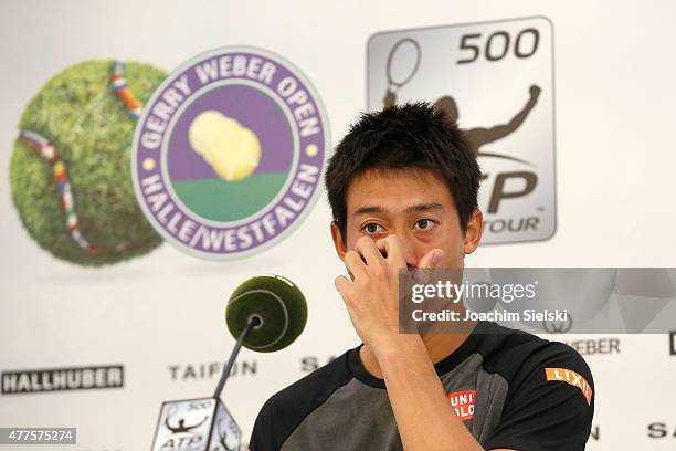 Kei Nishikori of Japan during the press conferenc after his match against Dustin Brown of Germany during day four of the Gerry Weber Open at Gerry...