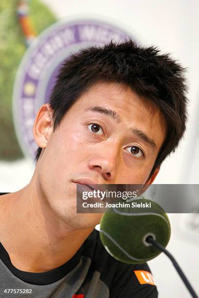 Kei Nishikori of Japan during the press conferenc after his match against Dustin Brown of Germany during day four of the Gerry Weber Open at Gerry...