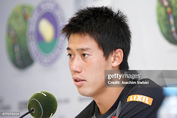 Kei Nishikori of Japan during the press conferenc after his match against Dustin Brown of Germany during day four of the Gerry Weber Open at Gerry...