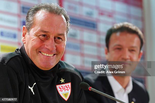 New head coach Huub Stevens of Stuttgart is presented during a press conference at Mercedes-Benz Arena on March 10, 2014 in Stuttgart, Germany.