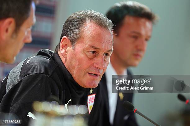 New head coach Huub Stevens of Stuttgart is presented during a press conference at Mercedes-Benz Arena on March 10, 2014 in Stuttgart, Germany.