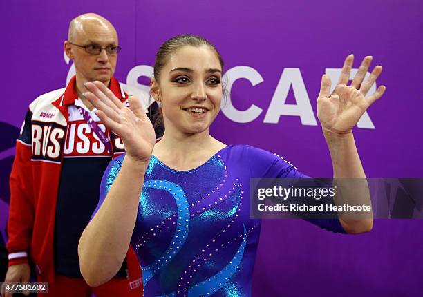 Aliya Mustafina of Russia waves to the fans after winning gold in the Women's Individual All-Around final on day six of the Baku 2015 European Games...