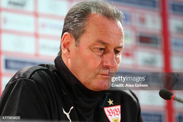 New head coach Huub Stevens of Stuttgart is presented during a press conference at Mercedes-Benz Arena on March 10, 2014 in Stuttgart, Germany.