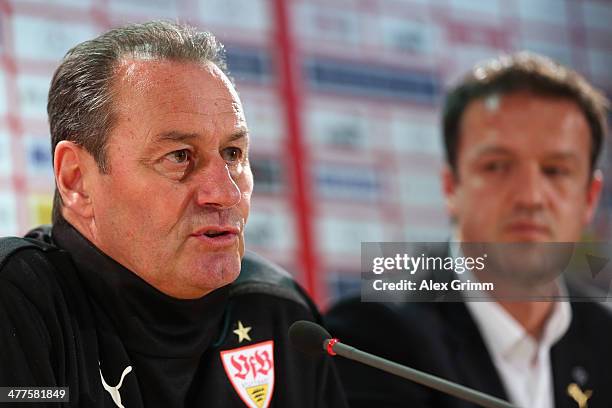 New head coach Huub Stevens of Stuttgart is presented during a press conference at Mercedes-Benz Arena on March 10, 2014 in Stuttgart, Germany.