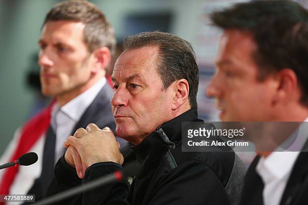 New head coach Huub Stevens of Stuttgart is presented during a press conference at Mercedes-Benz Arena on March 10, 2014 in Stuttgart, Germany.
