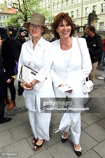 Birgitt Wolff and Dagmar Konsalik attend the memorial service for the deceased actor Pierre Brice at Saint Michael church on June 18, 2015 in Munich,...