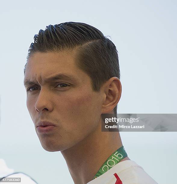 Michael Van Der Mark of Netherlands and PATA Honda World Supersport looks on during the pre-event "Beach Tennis Competition in Misano Adriatico"...