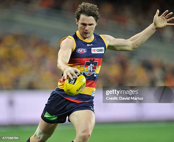 Patrick Dangerfield of the Crows during the round 12 AFL match between the Adelaide Crows and the Hawthorn Hawks at Adelaide Oval on June 18, 2015 in...