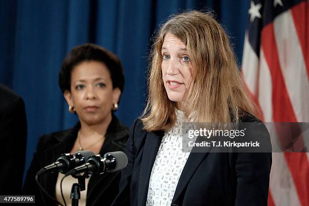 Sylvia Mathews Burwell, right, secretary of the Department of Health and Human Services, with Attorney General Loretta Lynch, speaks about a national...