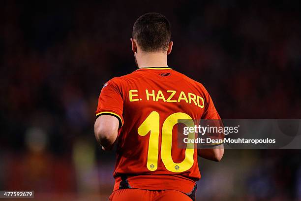 Eden Hazard of Belgium looks on during the International Friendly match between Belgium and Ivory Coast at The King Baudouin Stadium on March 5, 2014...