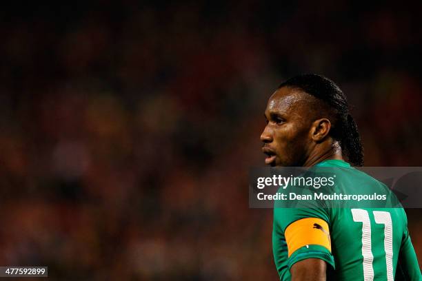 Didier Drogba of Ivory Coast looks on during the International Friendly match between Belgium and Ivory Coast at The King Baudouin Stadium on March...