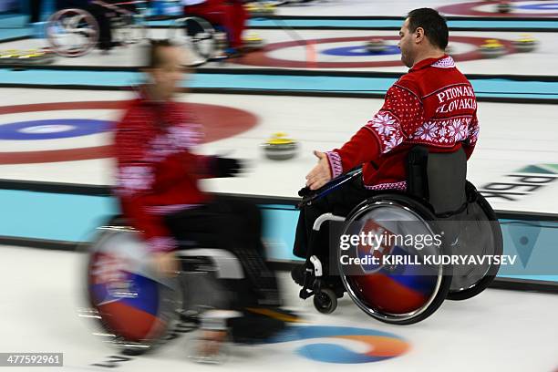 Slovakia's Branislav Jakubec reacts during the match between Great Britain and Slovakia in Wheelchair Curling at XI Paralympic Olympic games in the...