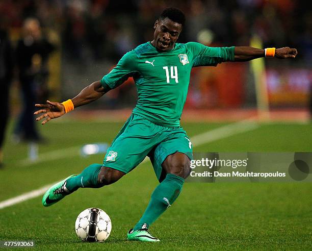 Christopher Aurier of Ivory Coast in action during the International Friendly match between Belgium and Ivory Coast at The King Baudouin Stadium on...