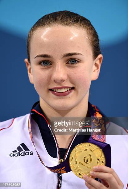 Gold medalist Lois Toulson of Great Britain poses with the medal won in the Women's Diving Platform Final during day six of the Baku 2015 European...