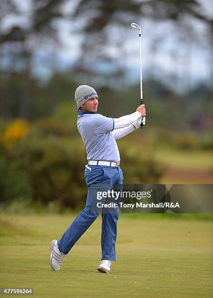 Alejandro Tosti of Argentina plays his first shot on the 15th tee during The Amateur Championship 2015 - Day Four at Carnoustie Golf Club on June 18,...